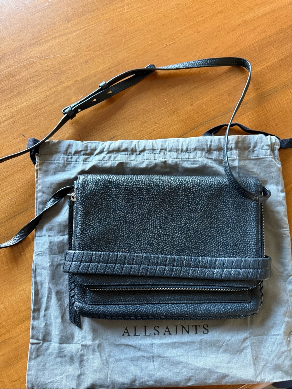 All Saints Black Pebbled Leather Messenger Crossbody